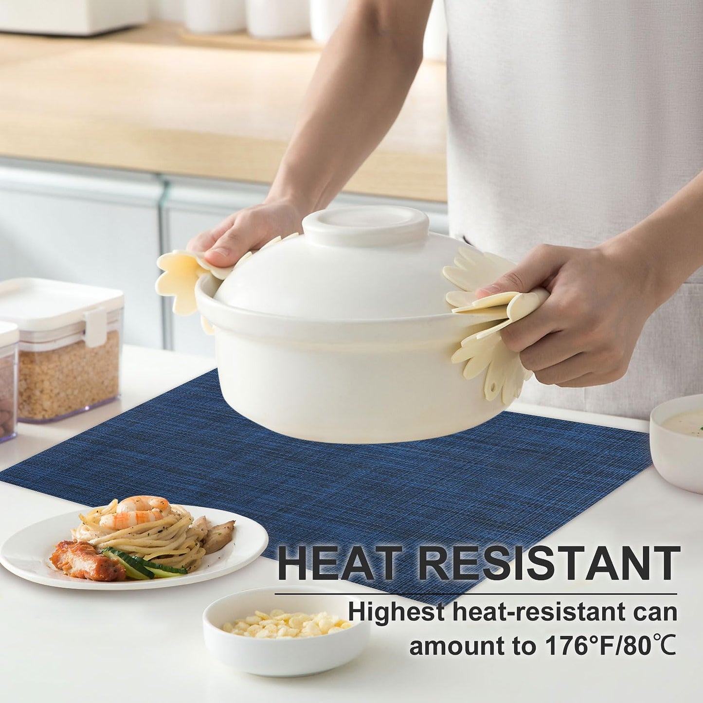 Vinyl Placemats Set of 6, PVC Woven Washable Non-Slip Table Mats, Heat Resistant Wrinkle Free Place Mats for Dining Table, Easy to Clean (6, Navy Blue)