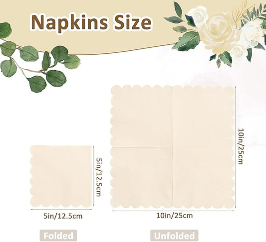 100 Pcs Milky White Napkins Scalloped Edged Dessert Cocktail Napkins Folded 5 x 5 Inches Disposable Napkins for Dinner Wedding Birthday Party