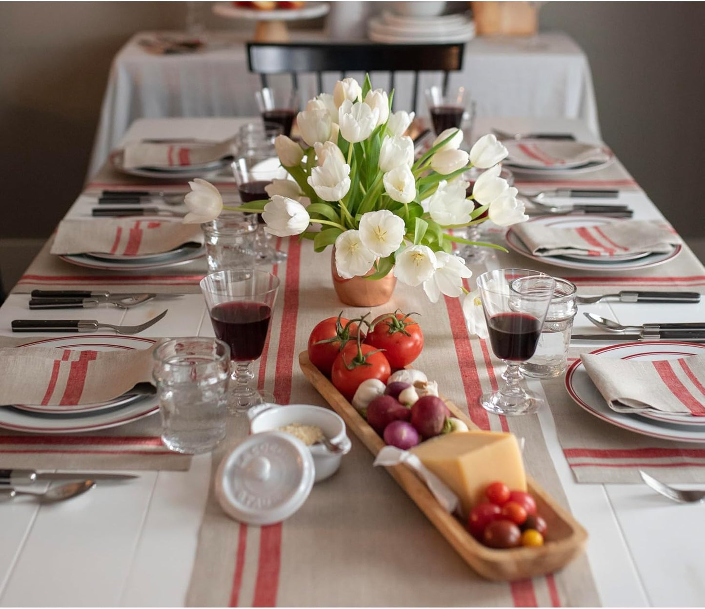 Solino Home Linen Table Runner 72 Inches Long - 100% Pure Linen Red and Natural French Stripe Table Runner 16 x 72 Inch for Dining, Dresser, Fall, Autumn, Halloween, Christmas
