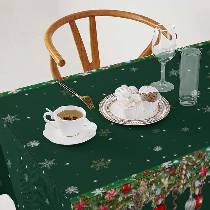 YCness Christmas Snowflakes Tablecloth, Christmas Ornament Ball Colorful Green Golden White Table Cover for Dinner Birthday Holiday Party Kitchen Colorful Red White Table Decor 60x110 Inch