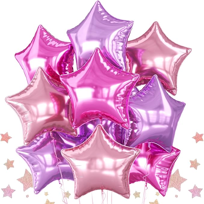 Pink and Purple Star Foil Balloons, 10PCS Pink Foil Stars Shape Balloons, 18 Inch Metallic Purple Stars Balloon for Helium Pentagram Balloon for Girls Birthday, Princess, Anniversary Party Decoration