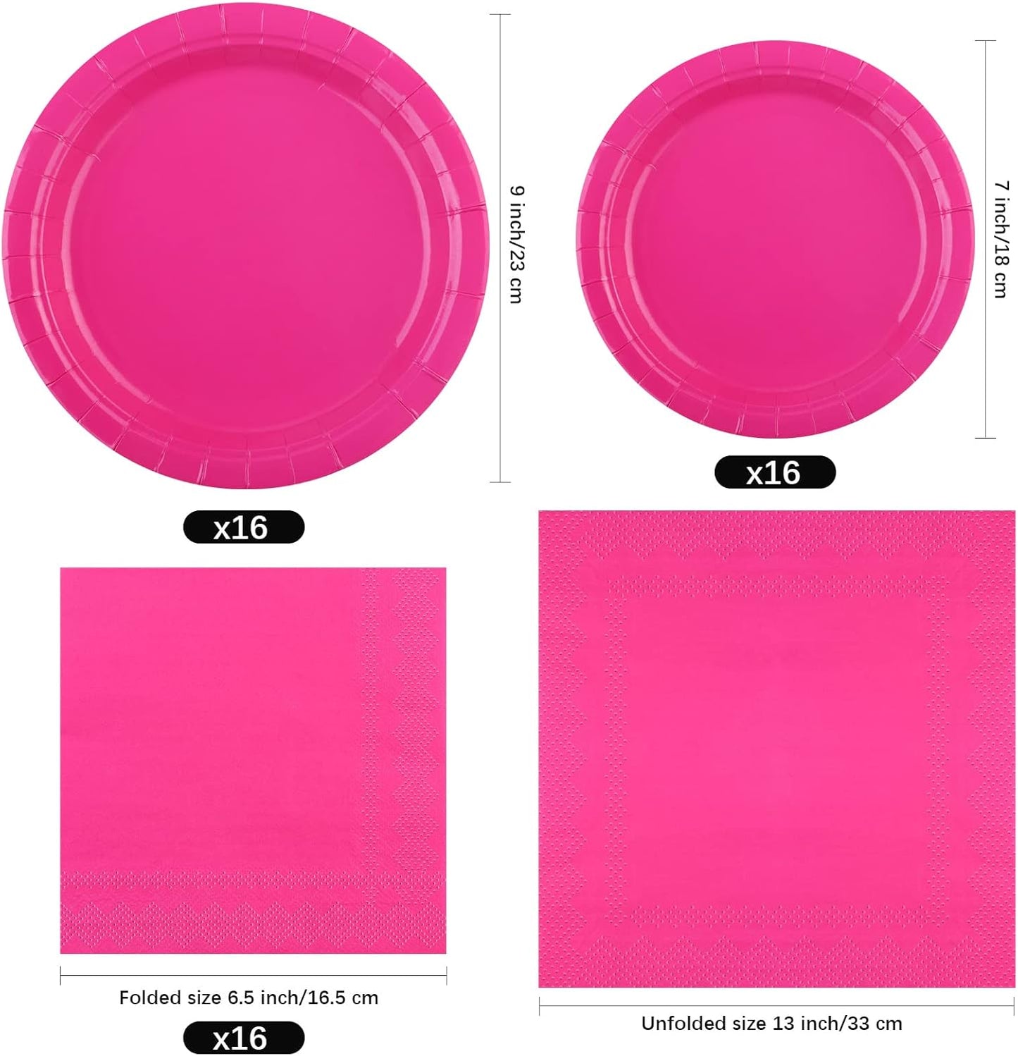 Ruisita 48 Pieces Hot Pink Party Supplies Solid Hot Pink Tableware Including 7 Inch and 9 Inch Paper Dinner Plates 2 Ply Napkins for Wedding, Birthday Party, Picnic, Barbecue (Serves 16)