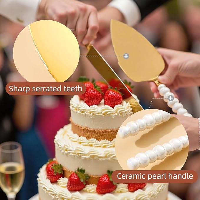 VEOOK Wedding Cake Knife and Server Set with Pearl Handle - Stainless Steel Pie Cutter, Elegant Ceramic Gift for Bride Engagement, Bridal Shower, Couples Wedding(CK-01)