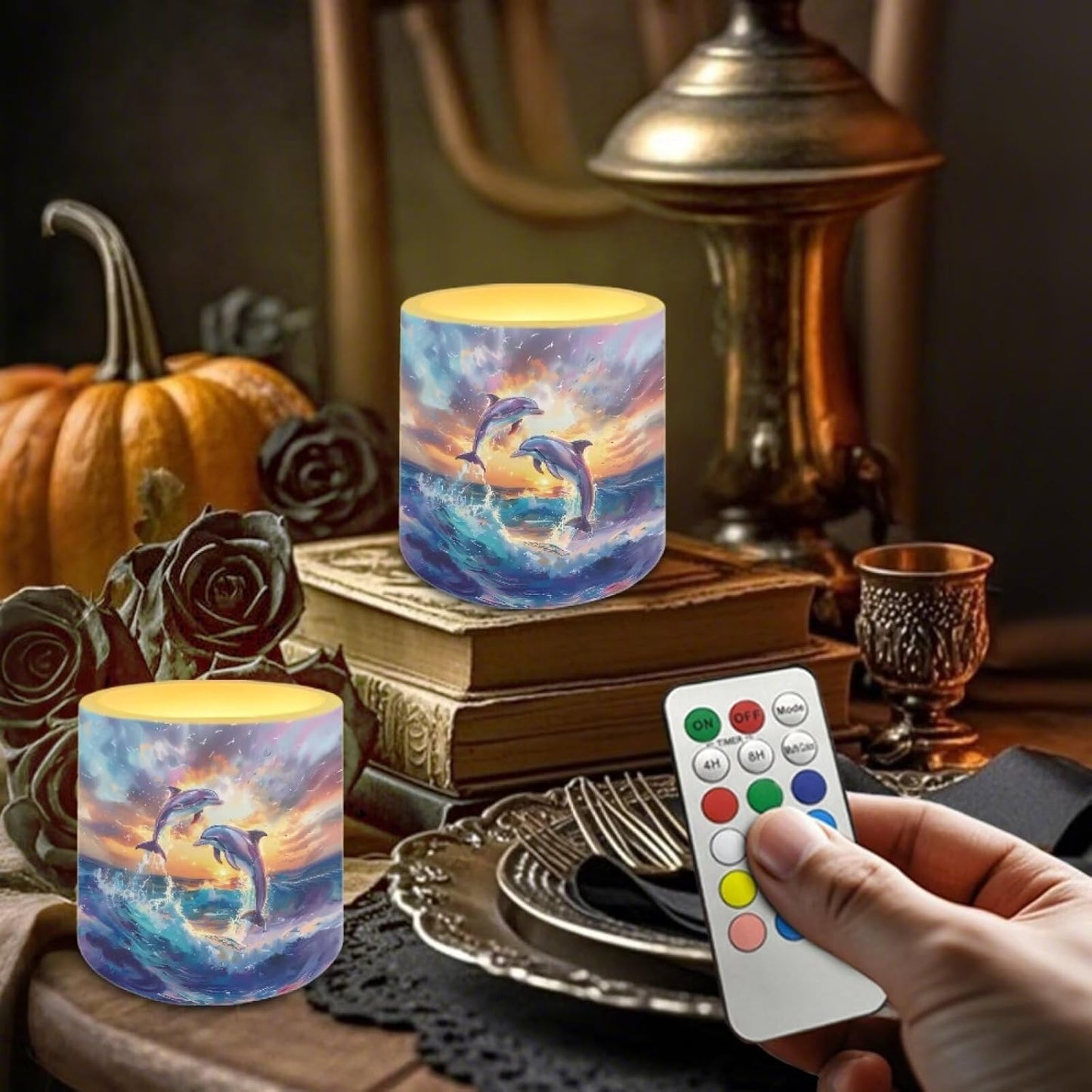 Poceacles 4 Pack Flameless LED Candles Remote Control Flickering LED Pillar Candles Battery Operated, Timer Multi-Color Options Tea Lights for Party Dinner Event Decor, Dolphin Sunset Print