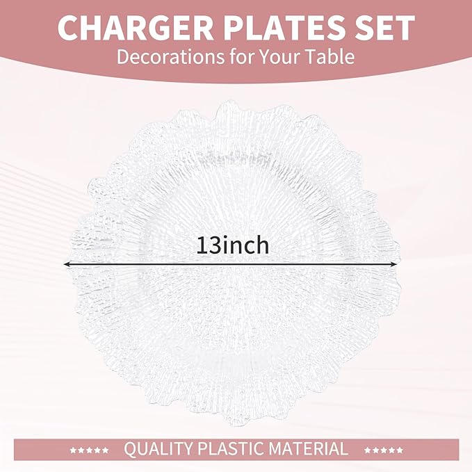 50 Pcs White Charger Plates Bulk 13 Inch Plastic Charger Plates for Dinner Plate, White Chargers for Table Setting, Reef Design Plate Floral Decorative Round Chargers for Wedding Party, Event