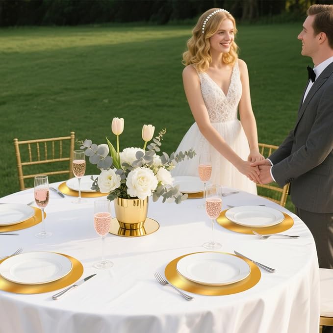 50PCS Gold Paper Placemats for Dinner Plates, 13 Inch Round Disposable Chargers, Shiny Holiday Place Mat for Dining Table Setting Valentine's Day Weddings Birthday Parties Kitchen Banquet Decor