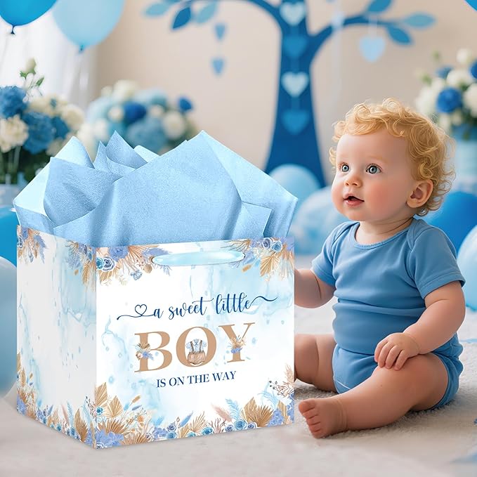 Woosytoo Sweet Baby Boy Gift Bag, Extra Large Baby Shower Square Gift Bags Blue Floral Jumbo Gifts Bag A Sweet Little Boy is on The Way Wrapping Paper Bag for Newborn Gender Reveal Party Favors
