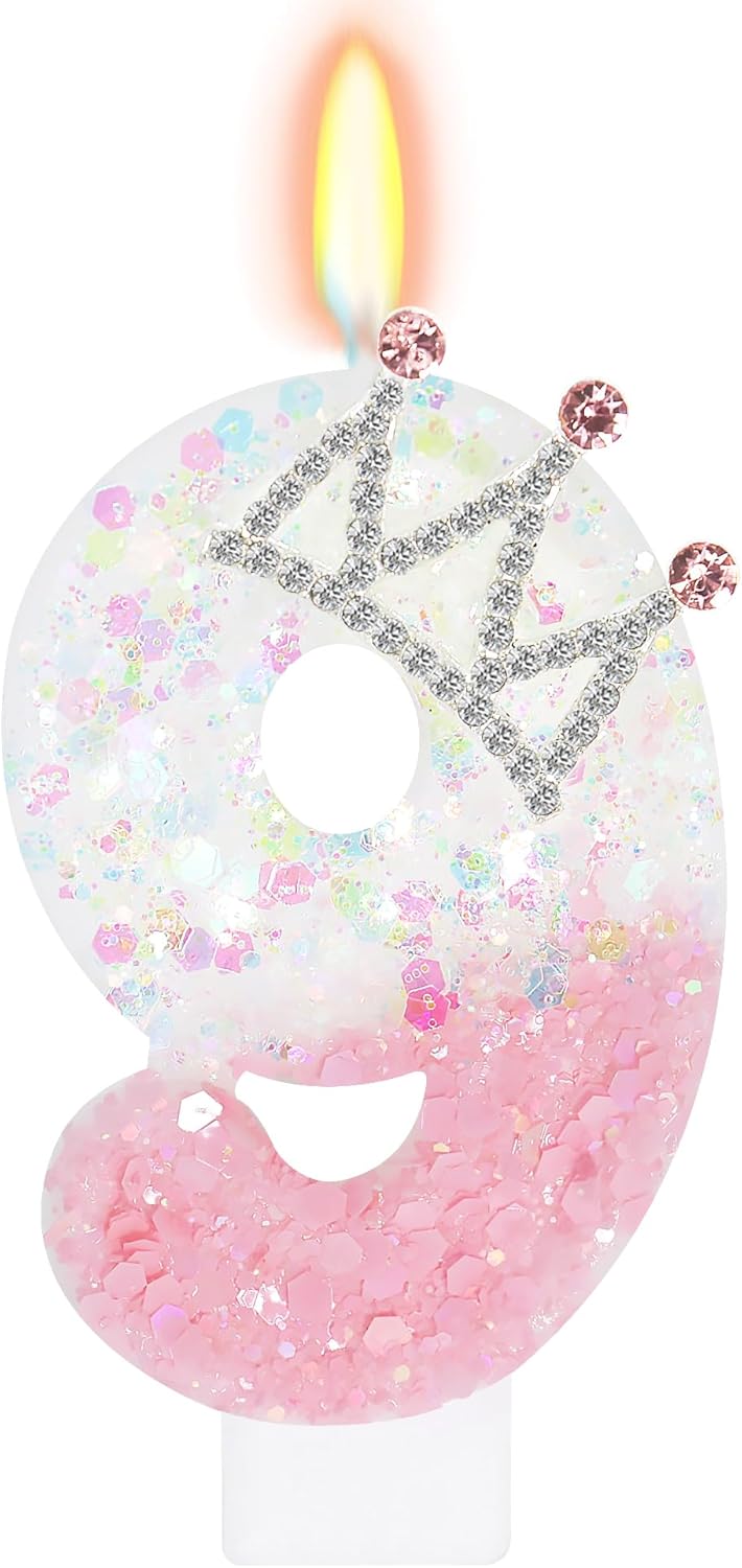 Pink White Number 9 Candle, Glitter Crown Cake Topper, Princess Birthday Party Decorations for Girls and Women Anniversary Celebrations Party Favors