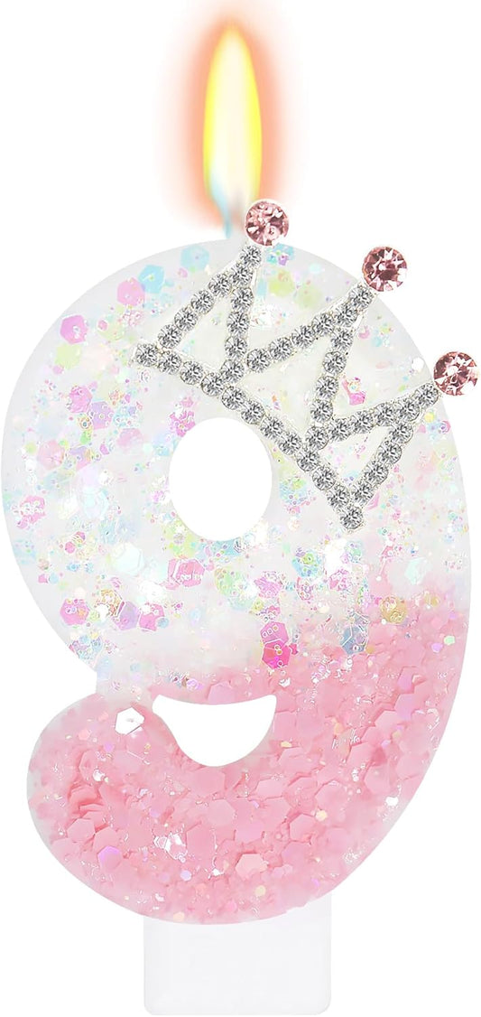 Pink White Number 9 Candle, Glitter Crown Cake Topper, Princess Birthday Party Decorations for Girls and Women Anniversary Celebrations Party Favors