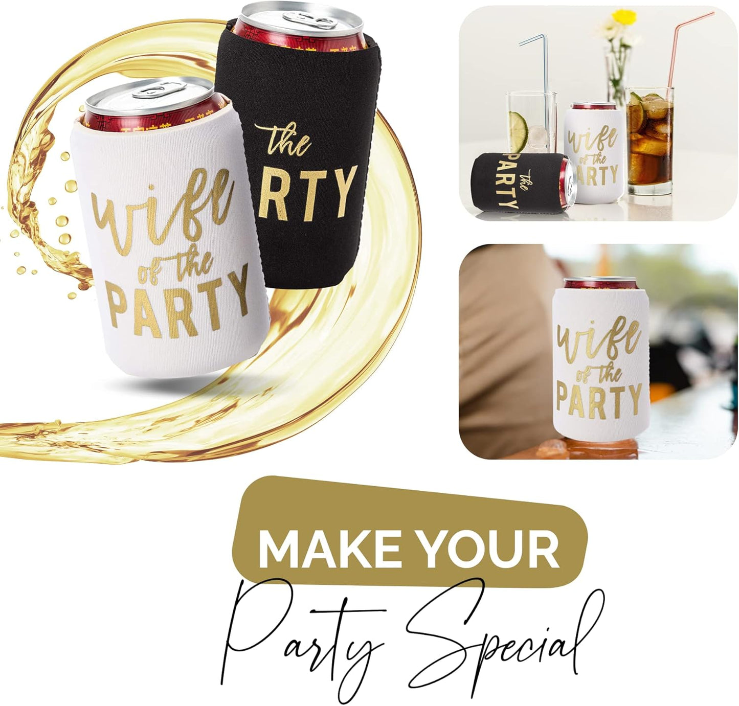 Wife of the Party and The Party Bachelorette Can Coolers - Set of 12, Perfect for Decorations and Bridesmaid Gifts (Black, Regular)