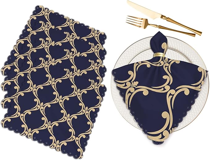 Yibeas Baroque, Damask Cloth Napkins Set of 4 Soft Gold and Blue-Black Ornament Polyester Dinner Napkin for Family Restaurant Weddings Parties 18 x 18 inch