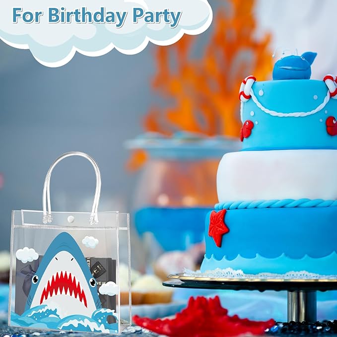 Aliceset 20 Pcs Shark Party Clear Favor Bags with Handles Sea Party Goodie Bags for Shark Themed Baby Shower Birthday Ocean Animals Themed Candy Snack Treat Wrapping Summer Pool Supplies, 8x8x3.15inch