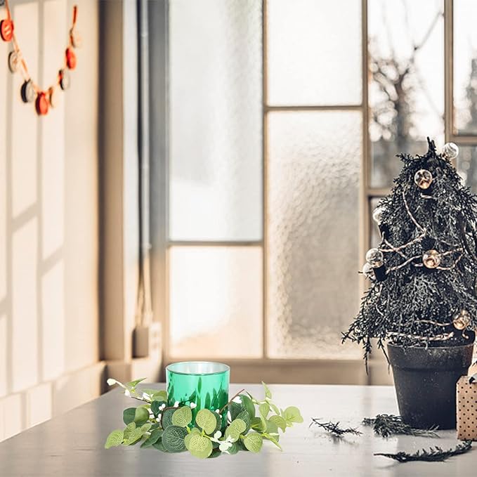 4 Pieces Pillar Candle Rings Wreaths, Artificial Eucalyptus Leaves Wreaths Greenery Candleholders, Rustic Farmhouse Decorative Wreath for Easter Christmas Wedding Party Home Table Door
