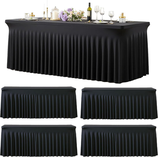 4 Pack 6ft Black Spandex Tablecloths for Rectangle Tables Wrinkle Free Black Rectangle Table Cloths Stretch Fitted Table Cover with Skirt for Wedding Birthday Party Banquet Baby Shower Buffet Event