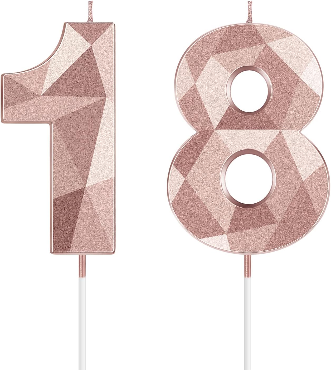 18th Birthday Candles, Rose Gold 3D Diamond Shape Number 18 Candles Happy Birthday Cake Topper Decoration for Wedding Decor Theme Party Anniversary, 2 Inch