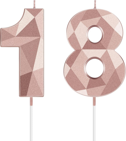 18th Birthday Candles, Rose Gold 3D Diamond Shape Number 18 Candles Happy Birthday Cake Topper Decoration for Wedding Decor Theme Party Anniversary, 2 Inch