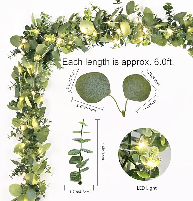 Dolicer 2 Packs 6FT Artificial Eucalyptus Garland with LED Light String, Faux Greenery Garland Hanging Fake Silver Dollar Eucalyptus Leaves Vines for Wedding Backdrop Arch Table Wall Party Home Decor