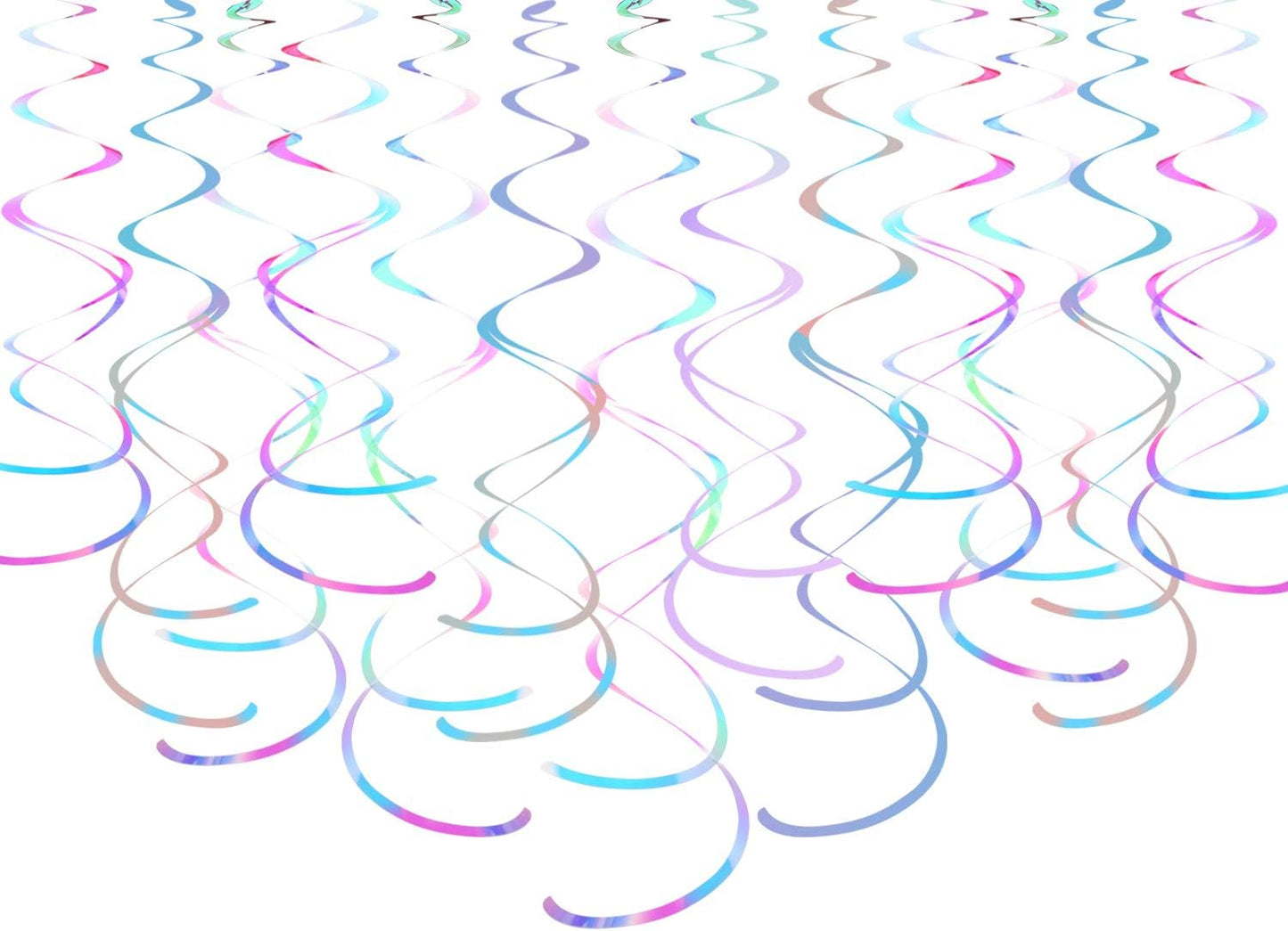 MISU Iridescent White Hanging Swirl Streamers - Sparkly Transparent Plastic Ceiling Decor for Kids Birthday Parties - Pack of 30