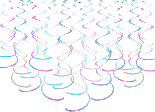 MISU Iridescent White Hanging Swirl Streamers - Sparkly Transparent Plastic Ceiling Decor for Kids Birthday Parties - Pack of 30
