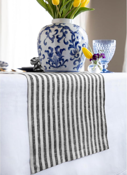 Solino Home Linen Table Runner 132 Inches Long - Amalfi Stripe, 100% Pure Linen Black and White Table Runner 14 x 132 Inch for Dining