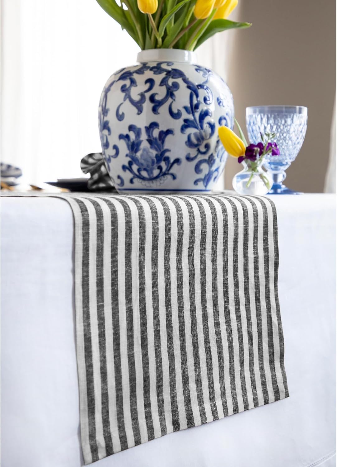Solino Home Linen Table Runner 120 Inches Long - Amalfi Stripe, 100% Pure Linen Black and White Table Runner 14 x 120 Inch for Dining, Fall, Autumn, Halloween, Thanksgiving