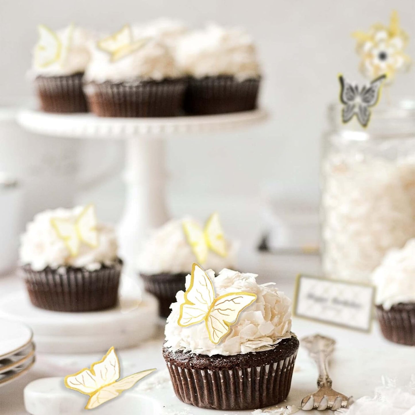 8-Piece White Gold Flower and Butterfly Cake Toppers - Birthday Cake Decorations and Party Decorations