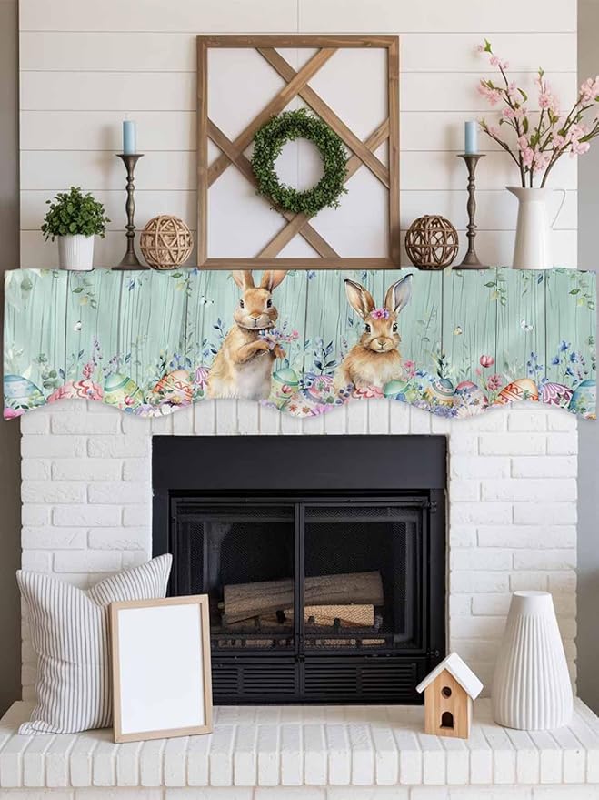 Bunny Easter Fireplace Mantel Scarf Table Runner,Eucalyptus Leaves Floral Eggs Weeping Wooden Winter Garland Mantel Top Tablerunners Dresser Scarves Cover for Windows Party Living Room 90"x17"