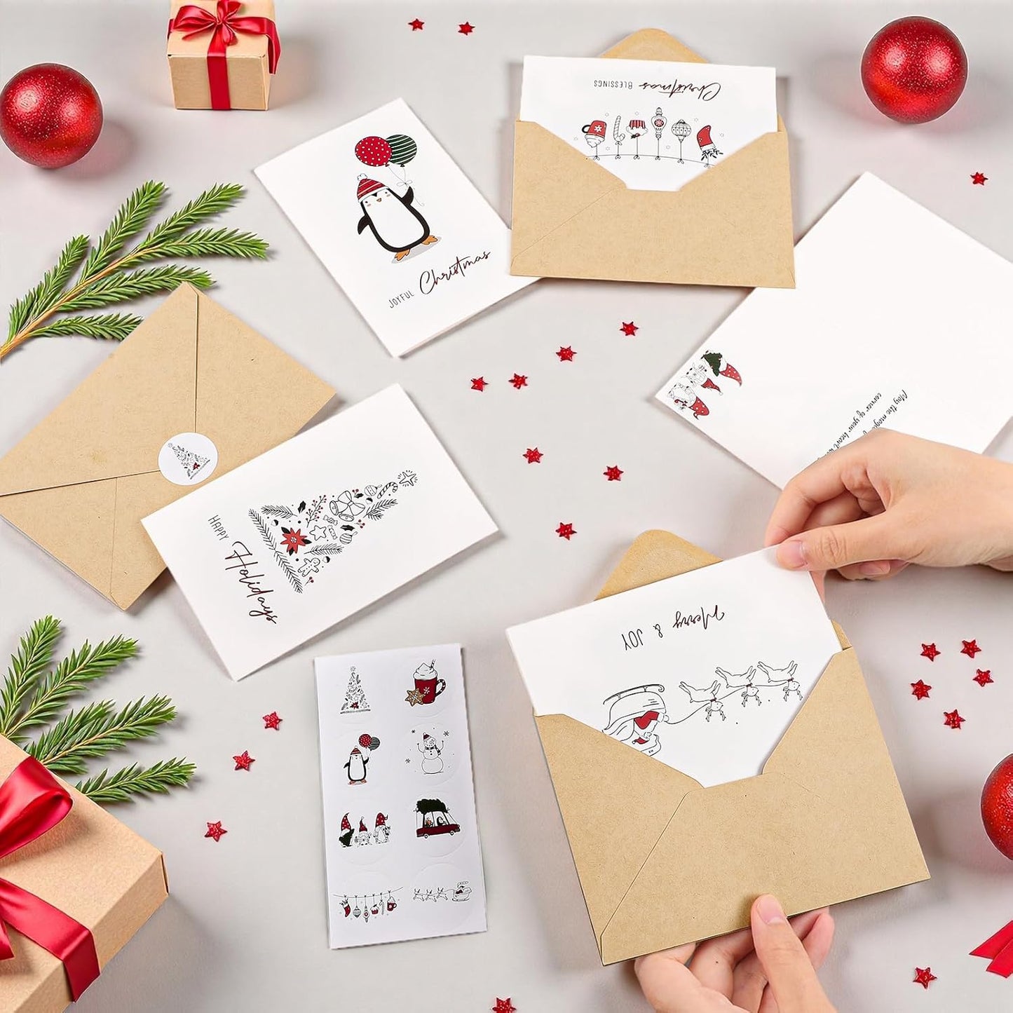 Christmas Cards with Envelopes, 24 Pack Merry Christmas Cards with Stickers, 8 Assorted Designs 4x6 Inch Happy Holidays Card New Year Greeting Card for Family, Friends, Boys & Girls