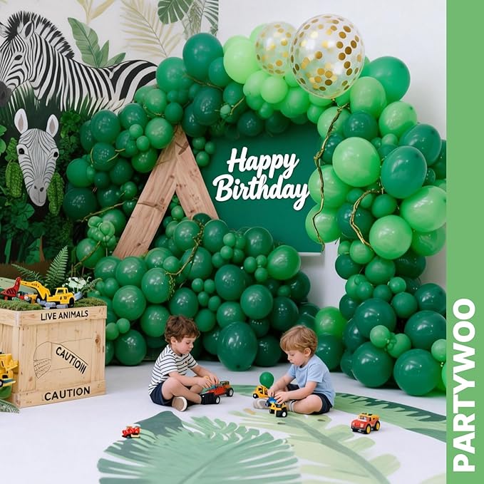 PartyWoo Green Balloons 65pcs 12 Inch Light Lime Dark Emerald Hunter Forest Metallic Green Gold Confetti Balloons for Baby Shower Wedding Engagement Jungle Woodland Birthday Party Decorations