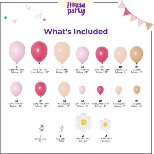 HOUSE OF PARTY Rainbow Balloon Arch Kit – 140PCS Assorted Color Balloon Garland, Colorful Fiesta Carnival Circus Balloons, Daisy Groovy Birthday Latex Balloons (Daisy Groovy)