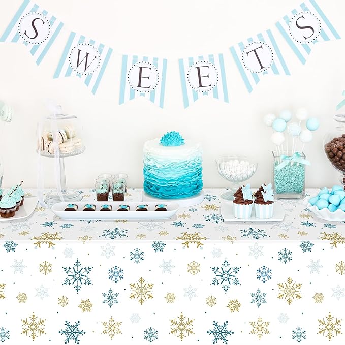 Hallswl 6Pcs Snowflake Plastic Tablecloth Christmas Snowflake Disposable Table Cloth White Blue and Gold Winter Wonderland Table Cover for Winter Holiday Christmas Birthday Party Supply,54x108 Inch