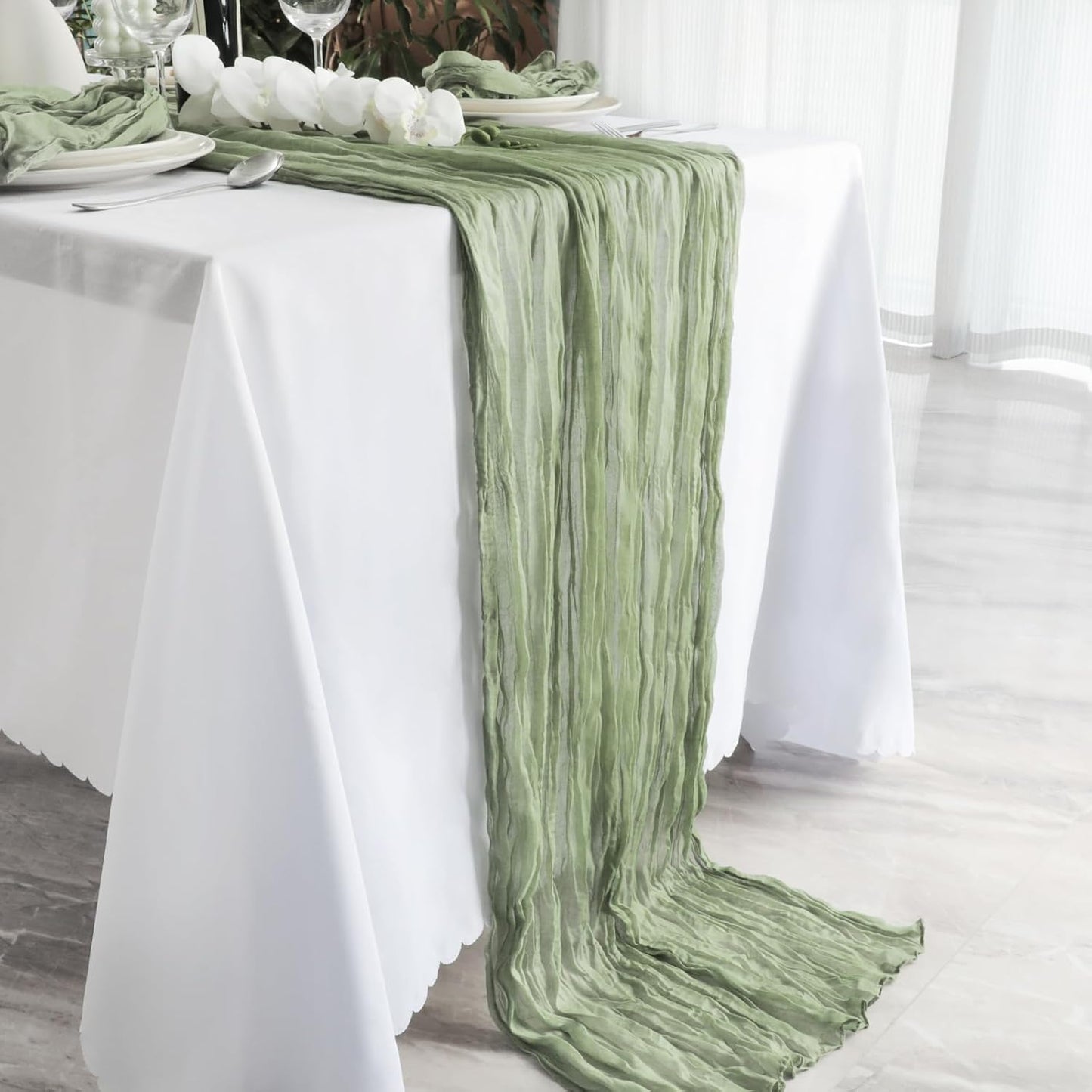 NESCCI 2 Pack Sage Green Table Runner,Rustic Boho Cheesecloth Table Runner,35x120 Inches Runners for Tables, Pefect for Mothers Day Wedding Baby Shower Birthday Party Home Decorations