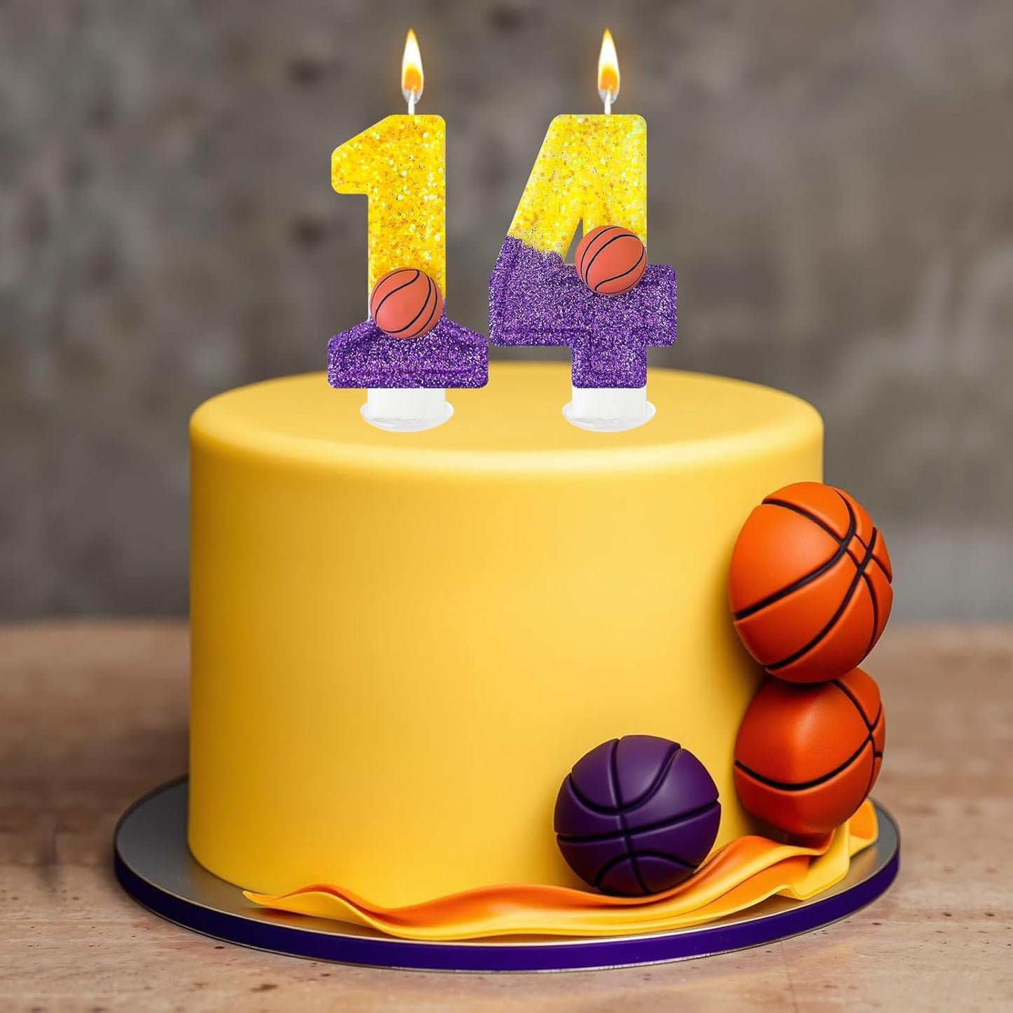 HXOUSE Basketball Number 4 Birthday Candles - Purple Gold Birthday Candles for Cake, 4 Candle for Basketball Theme Cake Topper, Boys Sport Party Decorations Gifts (No.4)