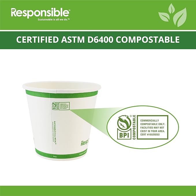 Responsible Products Certified Compostable 8 oz Paper Cups, Cold ＆ Hot Coffee Cups, Disposable Paper Cups, Extra Strength Disposable Cups, Made without PFAS (50 count)