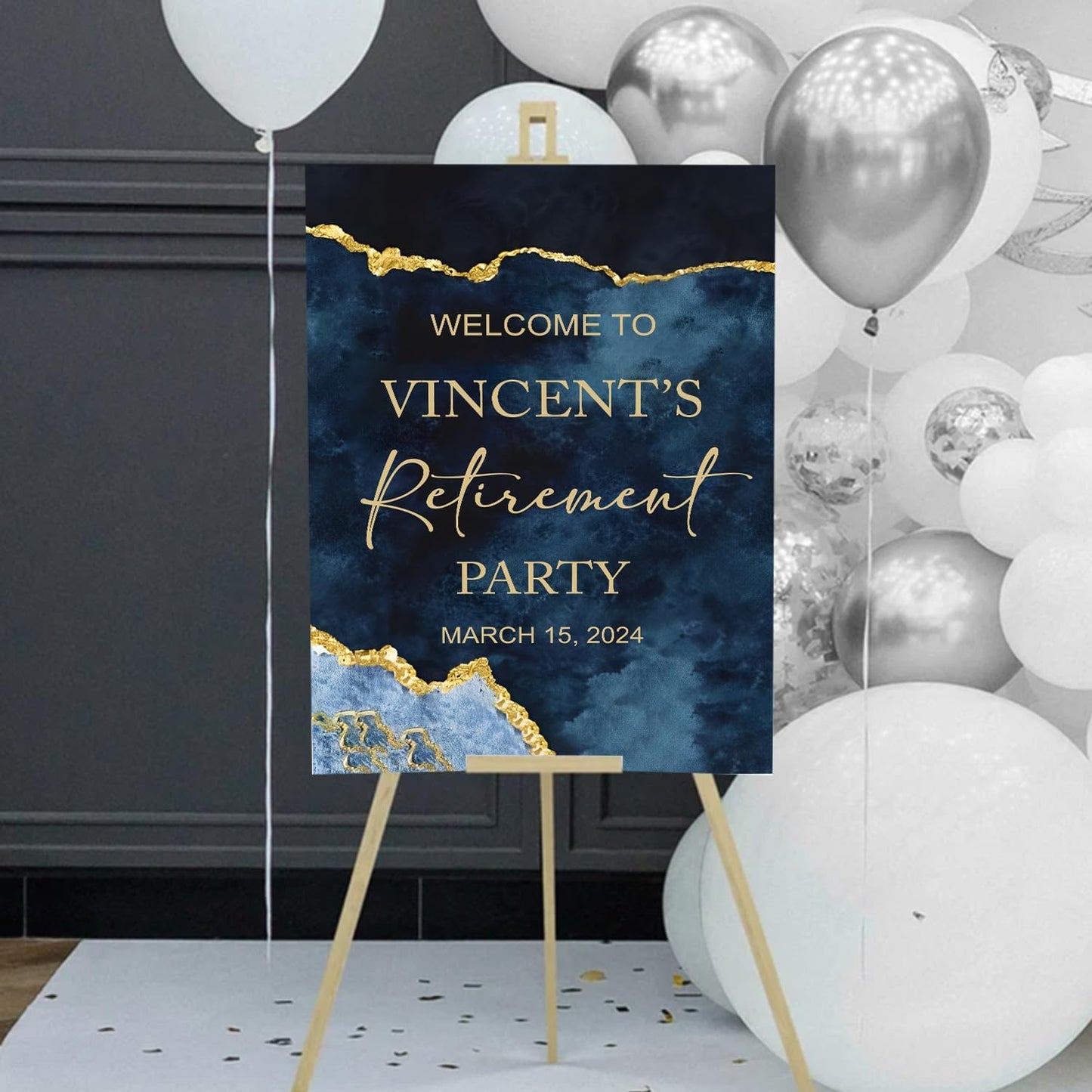 Editable Agate Retirement Party Welcome Sign, Blue & Gold, PVC, 12' x 18', 24' x 18', 27' x 18', 36' x 24', Weather Resistant, Double-Sided, Modern, Rectangular Yard Sign