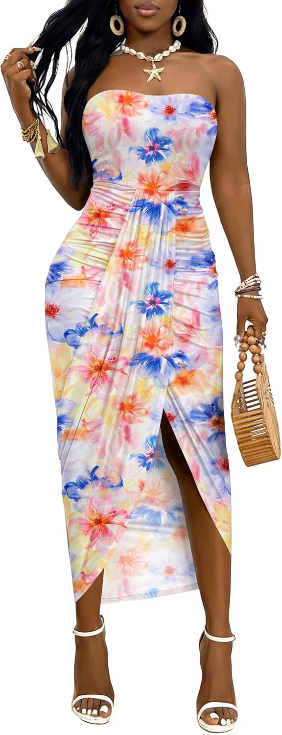Umenlele Women's Strapless Ruched High Waist Wrap Split Asymmetrical Beach Maxi Long Dress