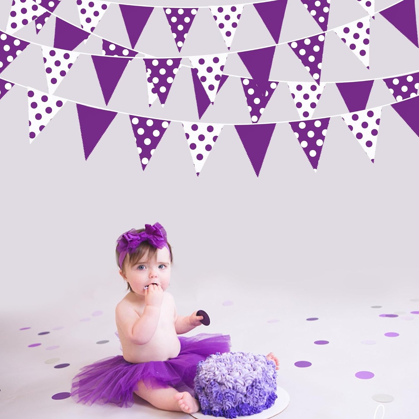 32Ft Purple Party Decorations Purple White Fabric Polka Dot Triangle Banner Pennant Flag Garland Streamers for Birthday Wedding Baby Shower Picnic BBQ Outdoor Lavender Mermaid Party Decor Supplies