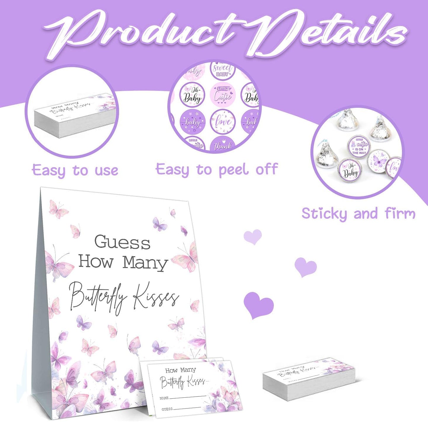 Butterfly Kisses Baby Shower Game Set - Guess How Many Kisses, 50 Cards, Standing Sign, 180 Stickers