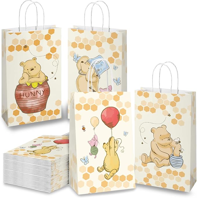 wjrsxilt Pooh Bear Gift Bags with Handles - 16pcs Winnie Goodie Bag with Rope for Bear Themed Parties, Kid's Birthday, Halloween Candy Gift Treat Bags for Party Favor 8.6 * 5 * 3.7inch