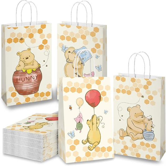 wjrsxilt Pooh Bear Gift Bags with Handles - 16pcs Winnie Goodie Bag with Rope for Bear Themed Parties, Kid's Birthday, Halloween Candy Gift Treat Bags for Party Favor 8.6 * 5 * 3.7inch