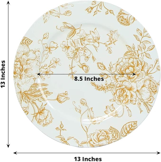 Efavormart 6 Pack White Gold Floral Acrylic Charger Plates in French Toile Pattern, Round Dinner Charger Event Tabletop Decor - 13"