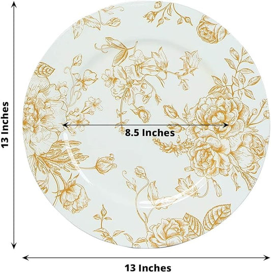 Efavormart 6 Pack White Gold Floral Acrylic Charger Plates in French Toile Pattern, Round Dinner Charger Event Tabletop Decor - 13"