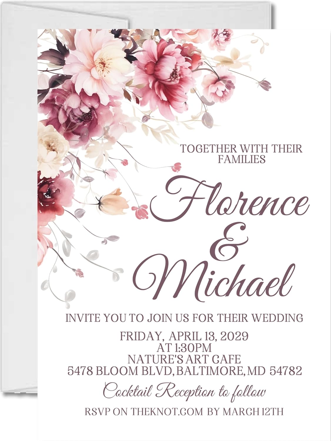 Burgundy & Pink Wildflower Wedding Invitations, Garden Floral, Personalized, Set of 12 Invitations with Envelopes