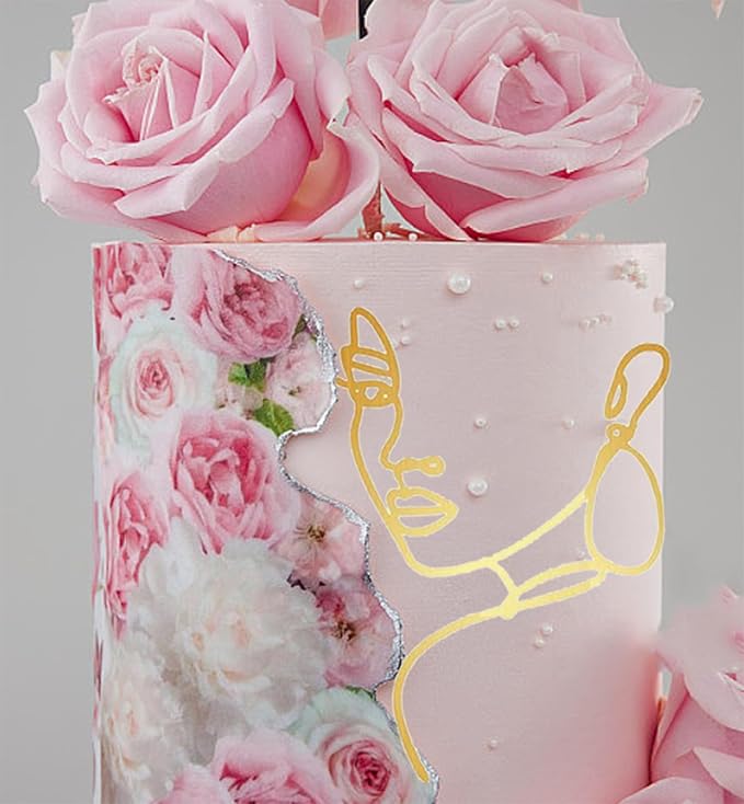 Personalized Lady Cake Topper Decorations Acrylic Minimalist Art Lady Gold Face Cake Topper Vintage Artificial Rose Flower Wedding Cake Toppers for Birthday Party Wedding Bridal Shower