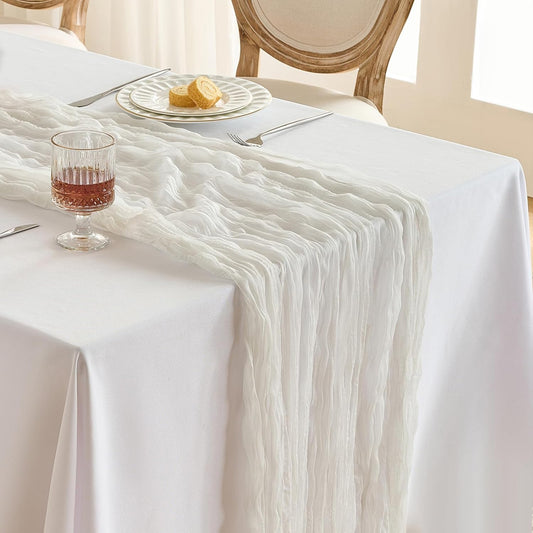 Fanami 1 Pack Cheesecloth Table Runner -10FT Ivory White Boho Gauze Cheese Cloth Table Runner 120 Inches Long Rustic Sheer Fabric Centerpieces for Wedding Birthday Party Bridal Baby Shower Decorations