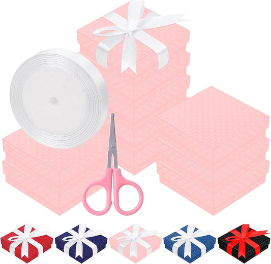 12Pcs 9x9x3cm / 3.5x3.5x1 Inch Pink Cardboard Jewelry Gift Boxes with Stain Ribbon and Scissor, Small Gift Box with Lid for Necklaces, Rings, Bracelets, Earrings, Pendant, Jewelry