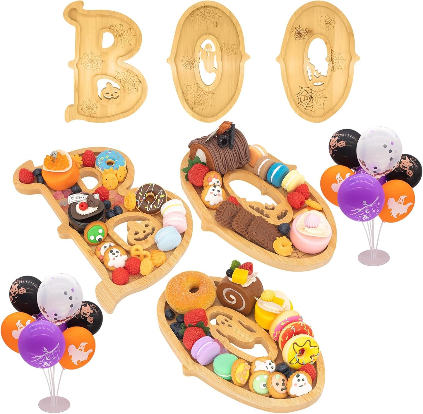 3PCS Wooden Halloween Decorations Letters Charcuterie Board Box-(with 14 Balloons) BOO Charcuterie Letters Fillable Food Halloween Party Supplies Halloween Party Table Decoration Food Tray Platter