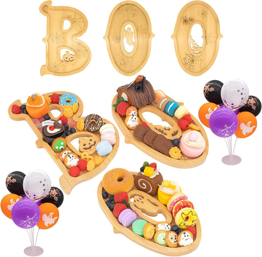 3PCS Wooden Halloween Decorations Letters Charcuterie Board Box-(with 14 Balloons) BOO Charcuterie Letters Fillable Food Halloween Party Supplies Halloween Party Table Decoration Food Tray Platter