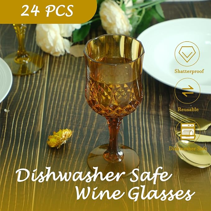 Plastic Wine Glasses, Plastic Goblets Vintage Style Cordial Unbreakable Drinking Glasses, Reusable Drinkware for Wedding Reception, Grand Event Party Supplies, Easter (24, Amber)