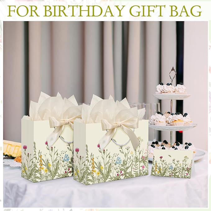 Maitys 12 Pack 13" Large Spring Wildflower Gift Bag Vintage Floral Paper Bags with Handles, Tissue Papers, Ribbons and Greeting Cards for Wedding Bridal Showers Birthday Baby Shower Party Decorations